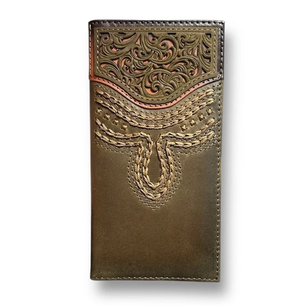 New‎ Justin Brown Genuine Leather Rodeo Wallet RFID Long Bifold Tooled Western